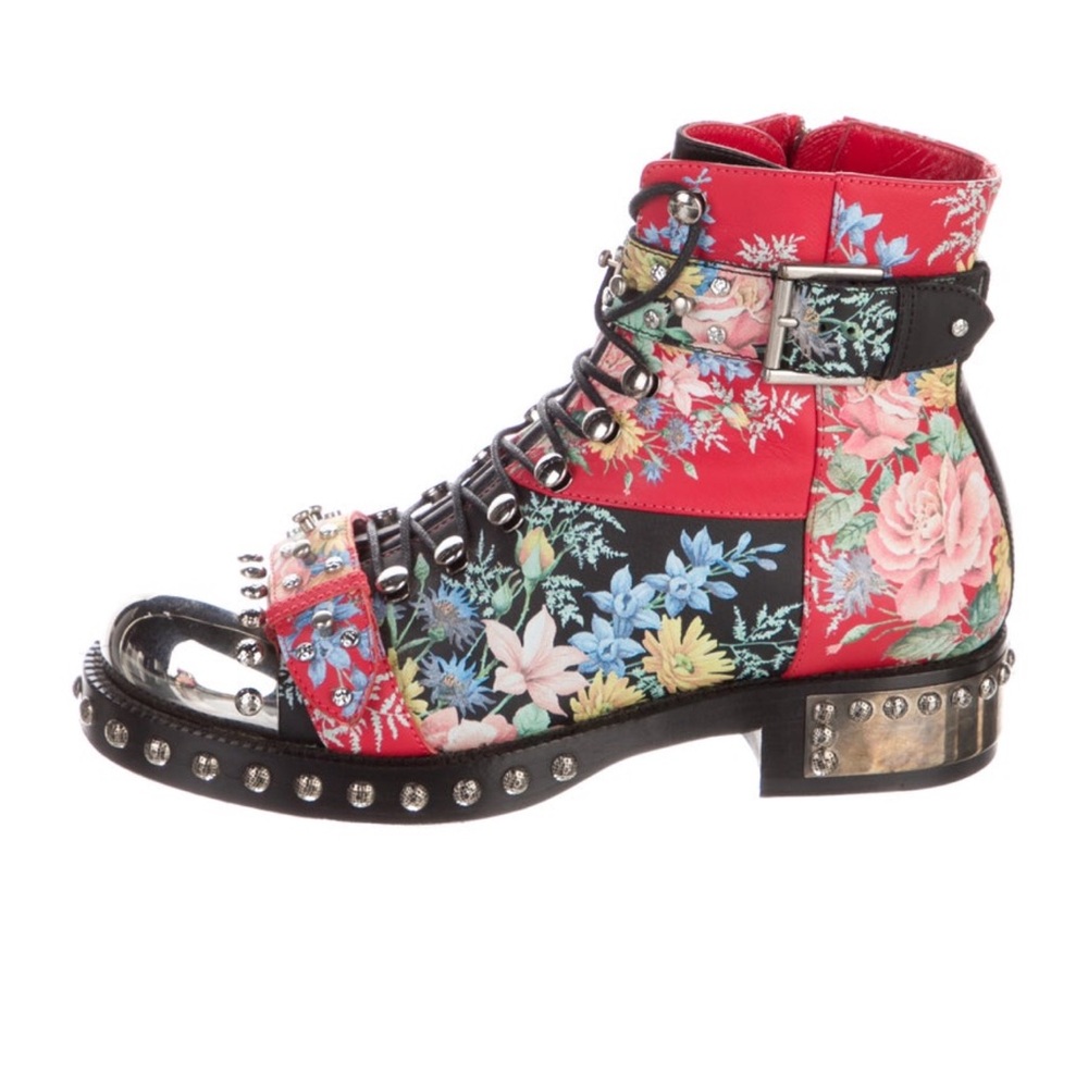 Alexander McQueen Leather Floral Combat Boots size 7 Haute Couture Chrome Punk